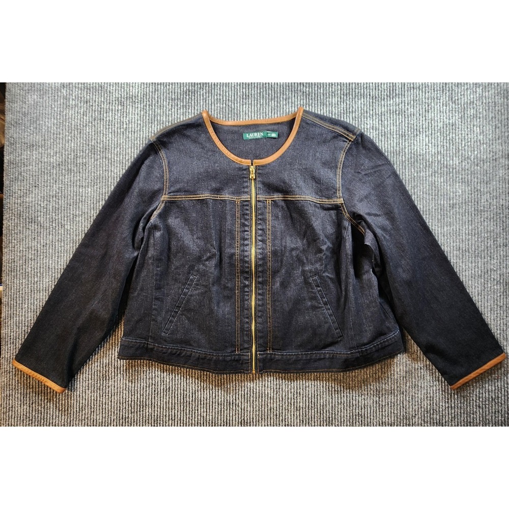Lauren Ralph Lauren‎ Denim Jacket Womens 3X Jean Coat Leather Trim Collarless